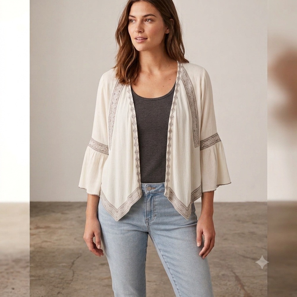 Umgee Boho Embroidered Open Front Cardigan Cream Gauze Handkerchief Hem L Boho